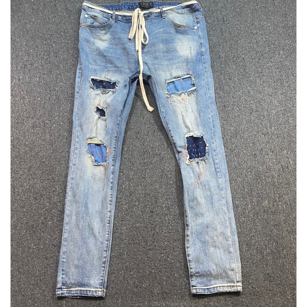 THRT Denim Distressed Patchwork Jeans Sz 40 Mens Blue Streetwear Sashik